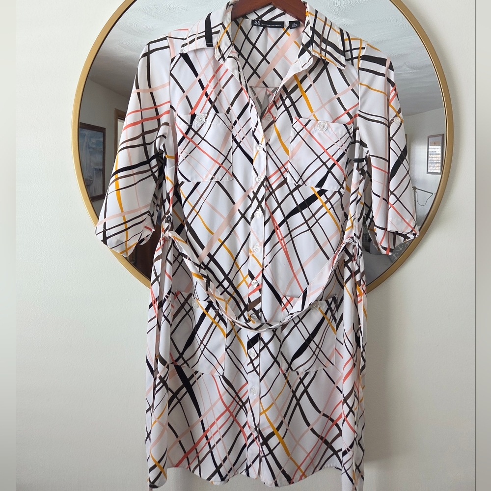 New York & Co White Plaid Button Front Shirt Dress Belted Small Petite EUC NY&Co - Picture 4 of 16